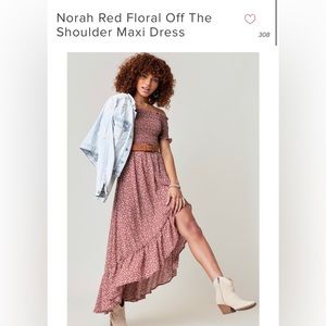 Francesca’s Me Ami Norah Off the Shoulder Red Floral Maxi Dress Smocked Bodice